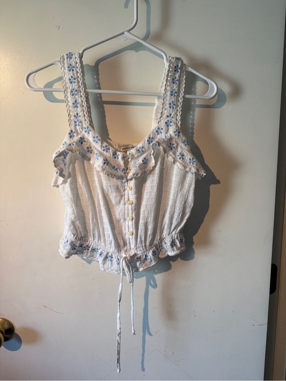 American Eagle White Cropped Eyelet Button Front Top with Blue Embroidery